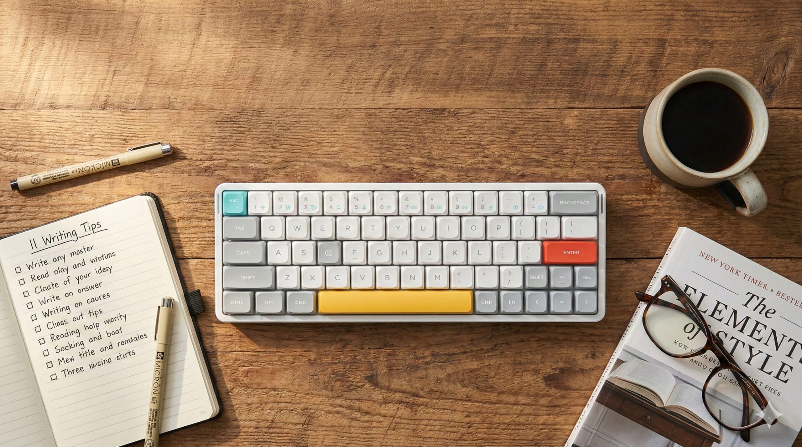 木製のデスクに配置された、カラフルなキーキャップ（白、グレー、黄色、オレンジ、水色）が特徴的なNuPhy Air60 V2メカニカルキーボード、執筆用ノート、コーヒー、そして眼鏡が置かれた本（The Elements of Style）の俯瞰写真。