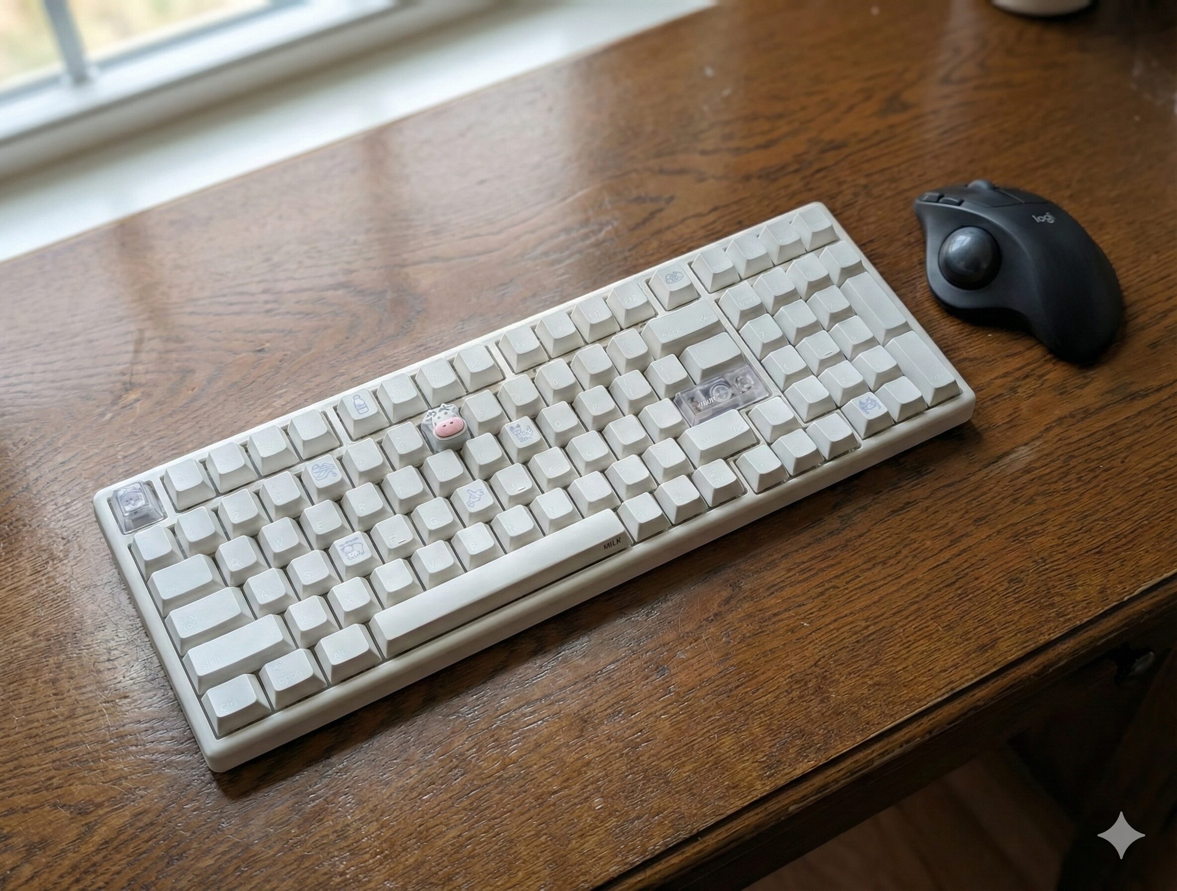 自然光が差し込む木のデスクに置かれた、白いNiZ X99 Pro静電容量無接点キーボードと黒いLogicool M575トラックボールマウス。キーボードには牛のイラストが入ったカスタムキーキャップが装着されている。