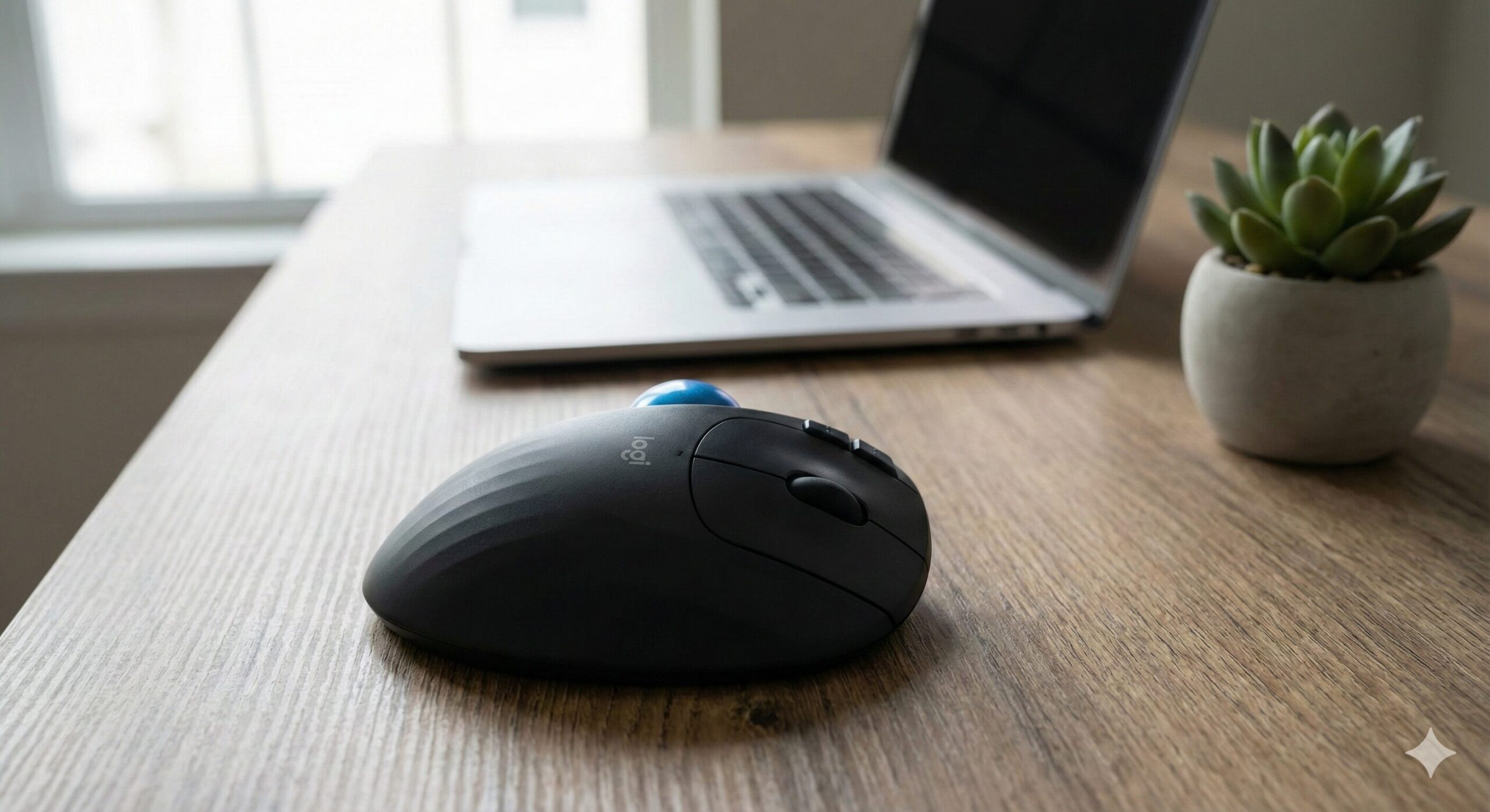 自然光が差し込む木のデスクに置かれたロジクール ERGO M575トラックボールマウス。背景にはノートパソコンと多肉植物があり、快適でミニマルなデスク環境が整っている様子。