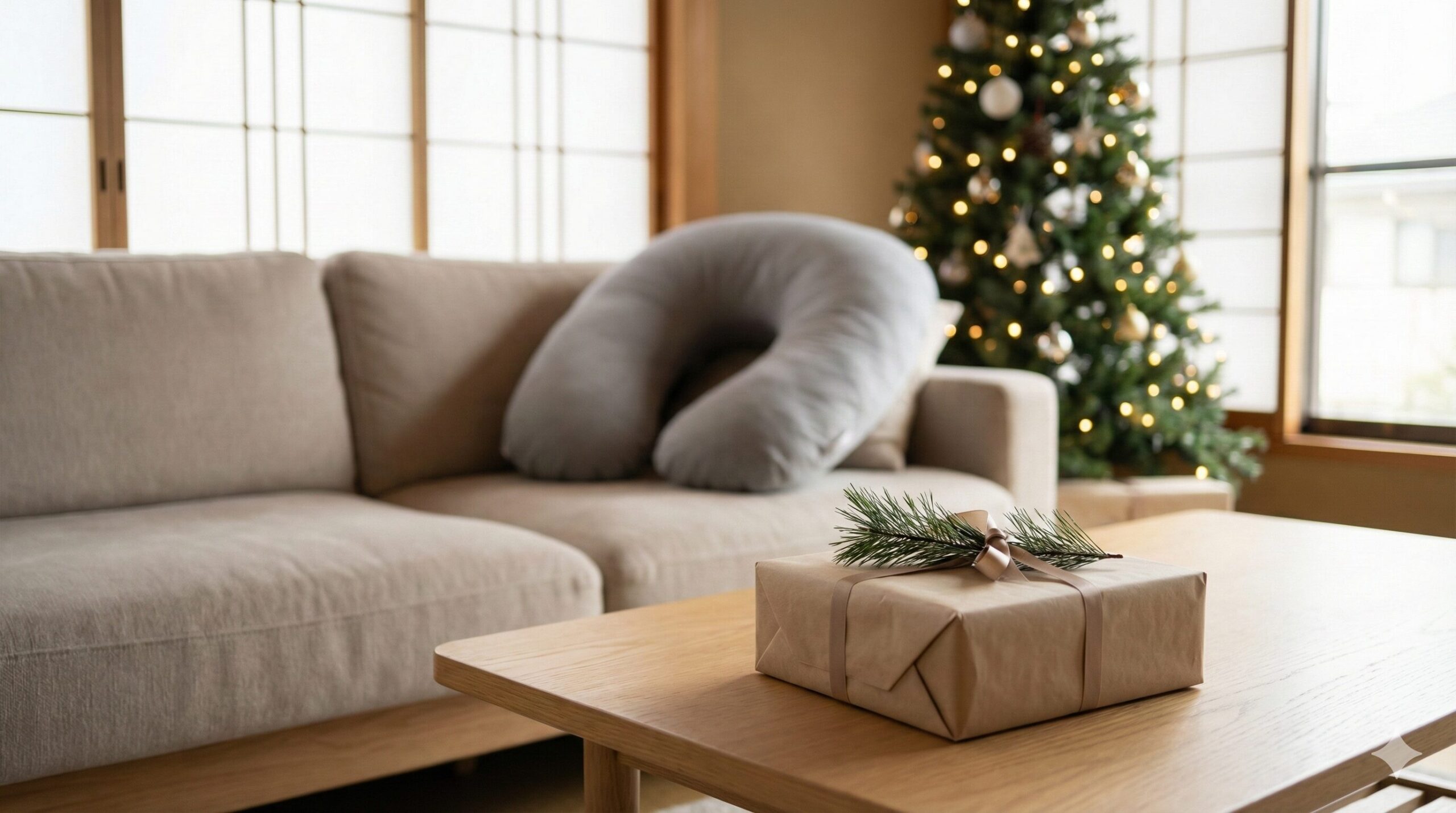 木のテーブルに置かれたクリスマスプレゼントの箱。背景にはソファの上にグレーのU字型抱き枕（ハグモッチ）と光るクリスマスツリーがあるモダンな日本のリビングルームの風景。
