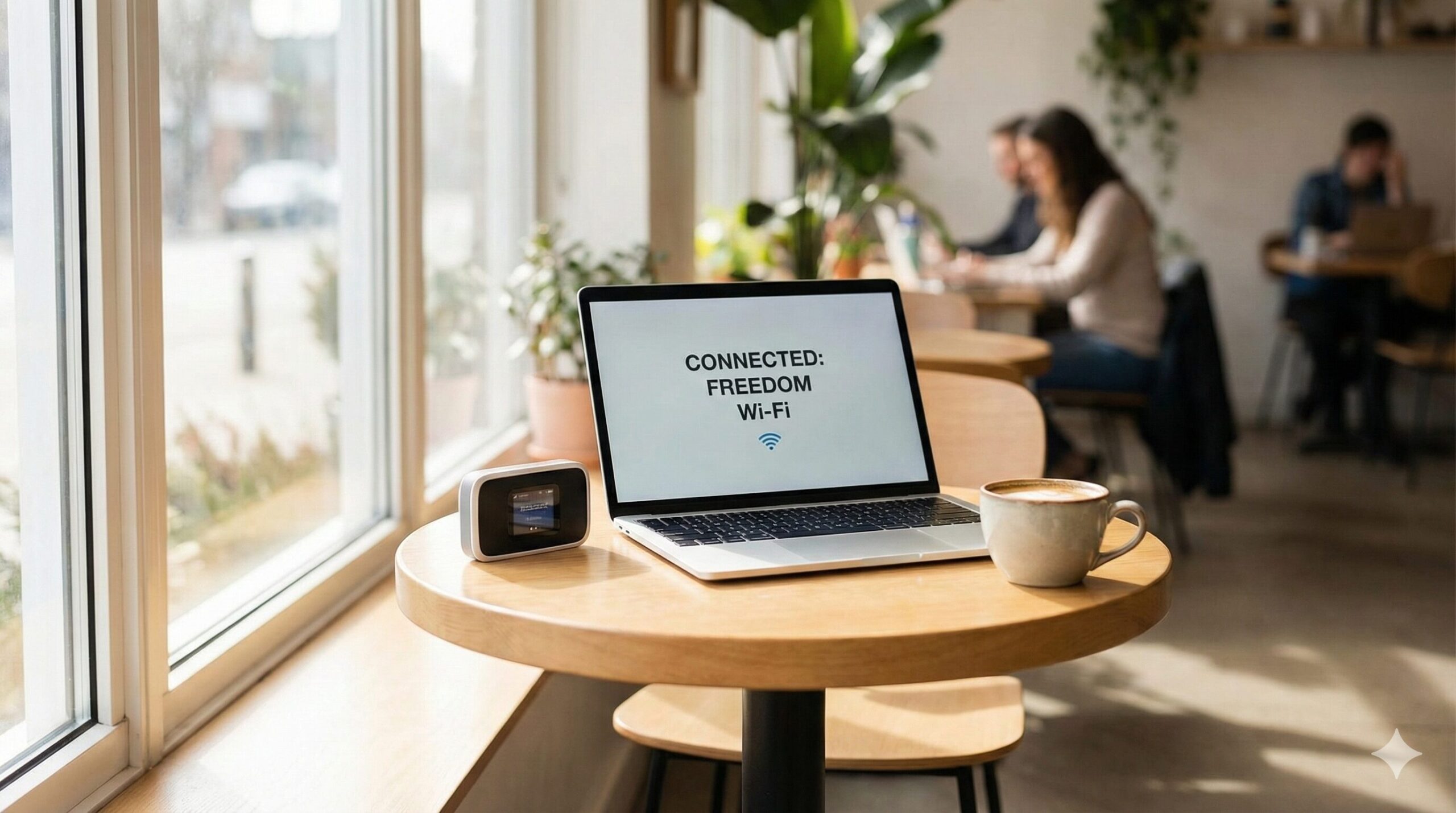 明るいカフェの窓辺で、ノートパソコンとモバイルWi-Fiルーターを広げ、コーヒーを飲みながら快適に仕事をしているノマドワークの様子。