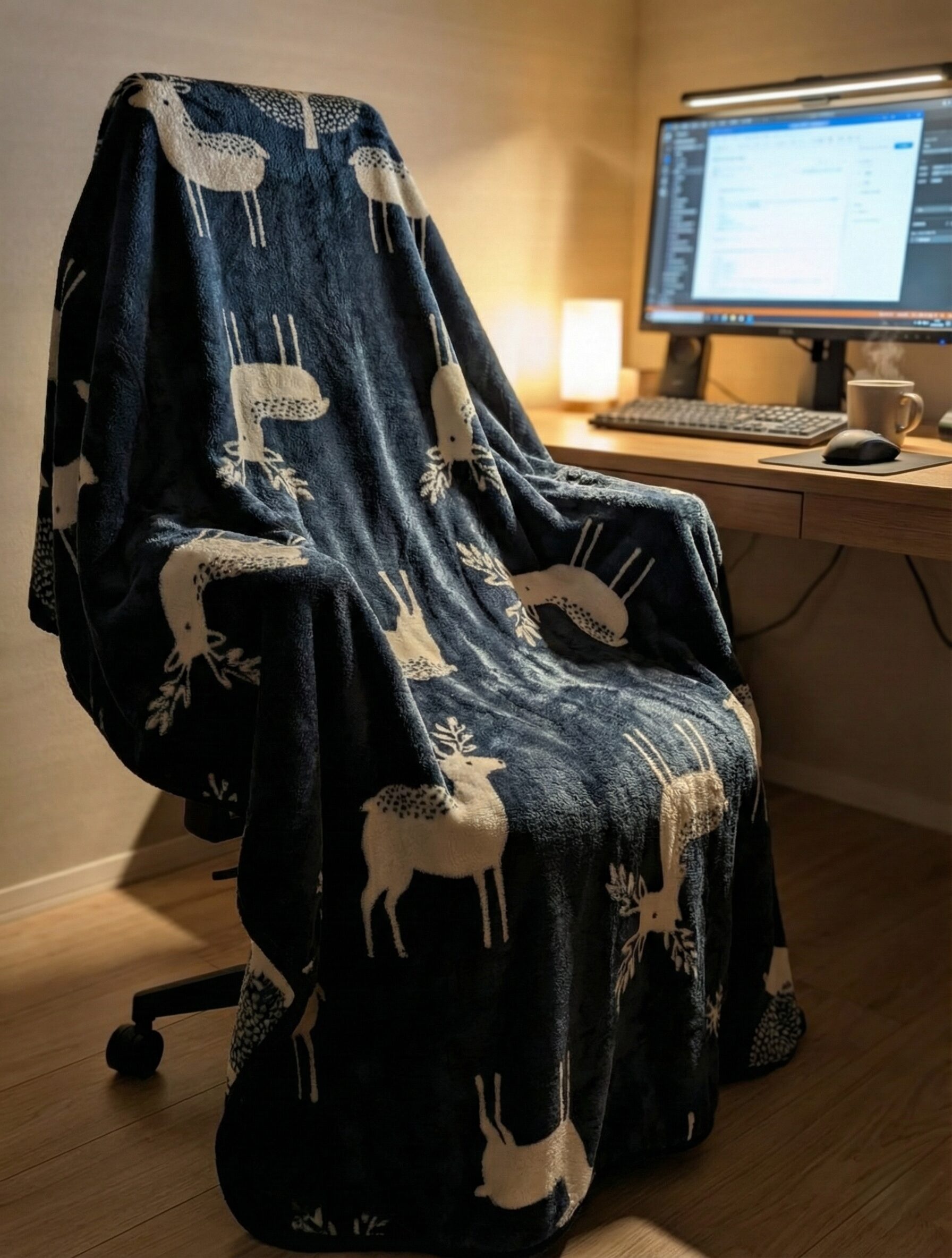オフィスチェアに掛けられた、ネイビー地に白いトナカイ柄のフランネル製着る電気毛布。