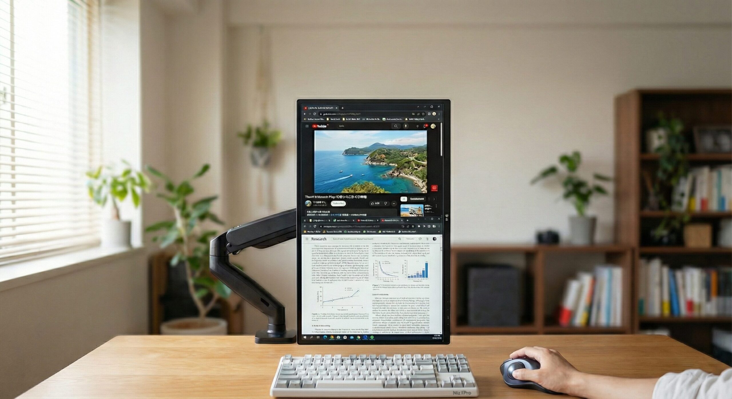 LG DualUp Monitor 28MQ780-Bをエルゴアームで設置したデスクの様子。縦長の画面は上下に分割され、上半分でYouTubeの動画、下半分でドキュメントやブラウザを表示している。手前にはホワイトのNiz X99 Proキーボードとトラックボールマウスがあり、ユーザーが手を添えている。